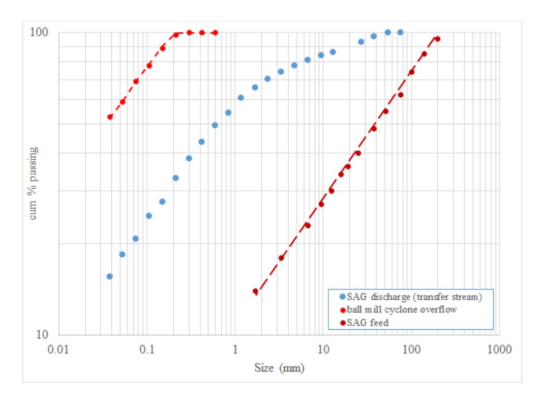 Figure 1 – Examples of distributions of SAG mill feed and transfer streams plus ball mill cyclone overflow